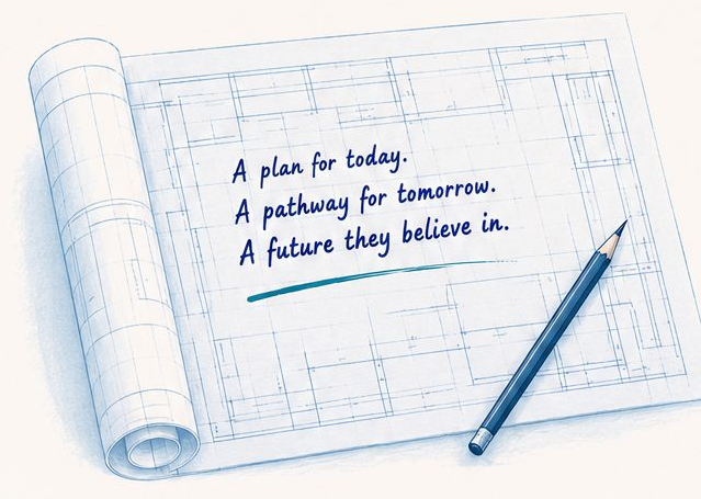 A blueprint plan with the words: A plan for today. A pathway for tomorrow. A future they believe in.