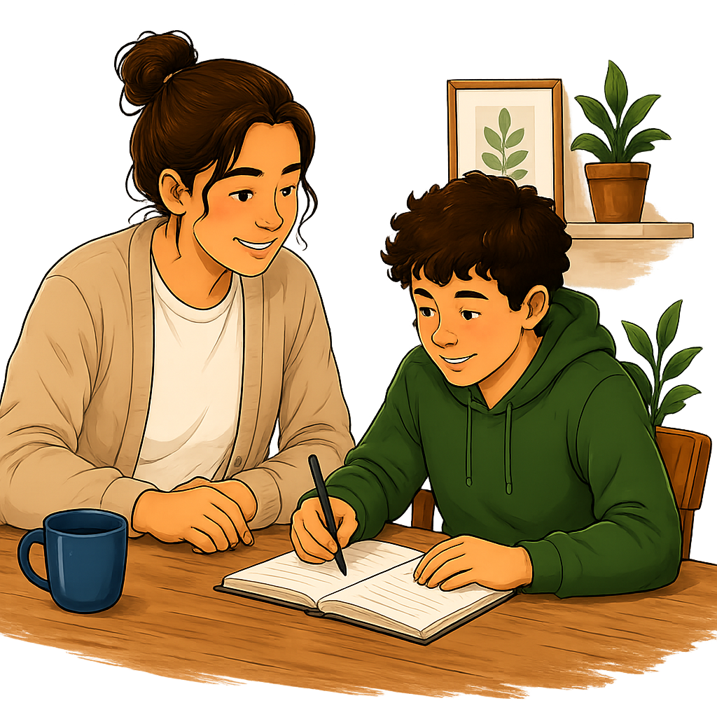 A carer sitting at a table with a young person, talking and writing together
