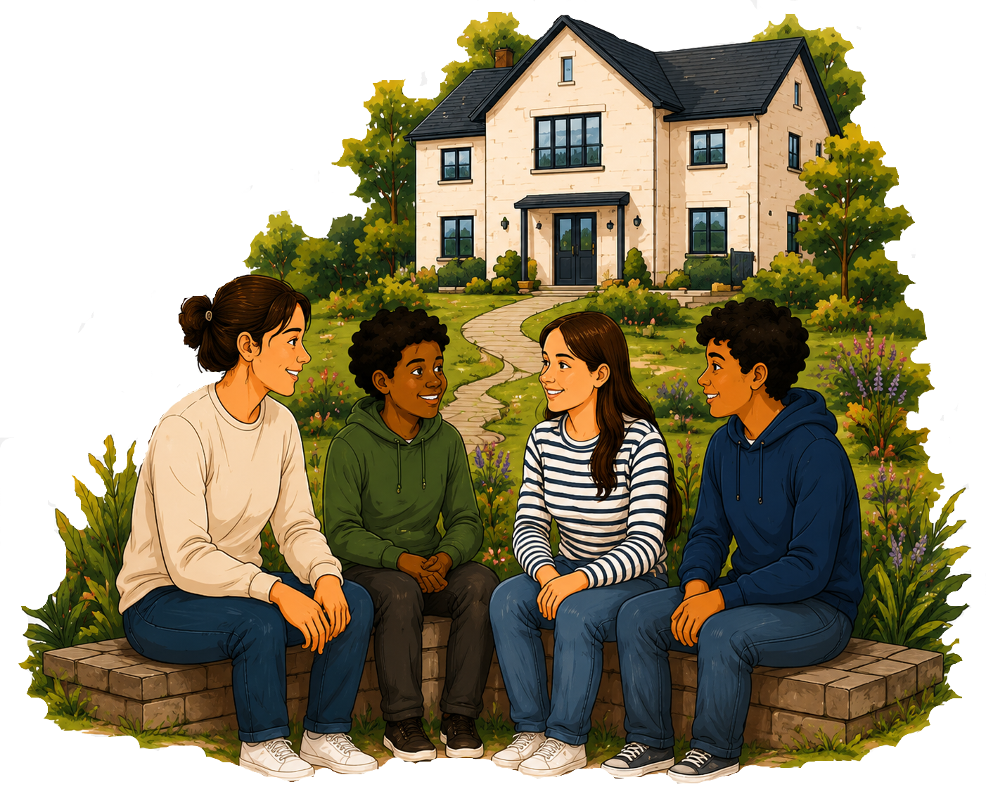 A carer sitting outside a home with three young people